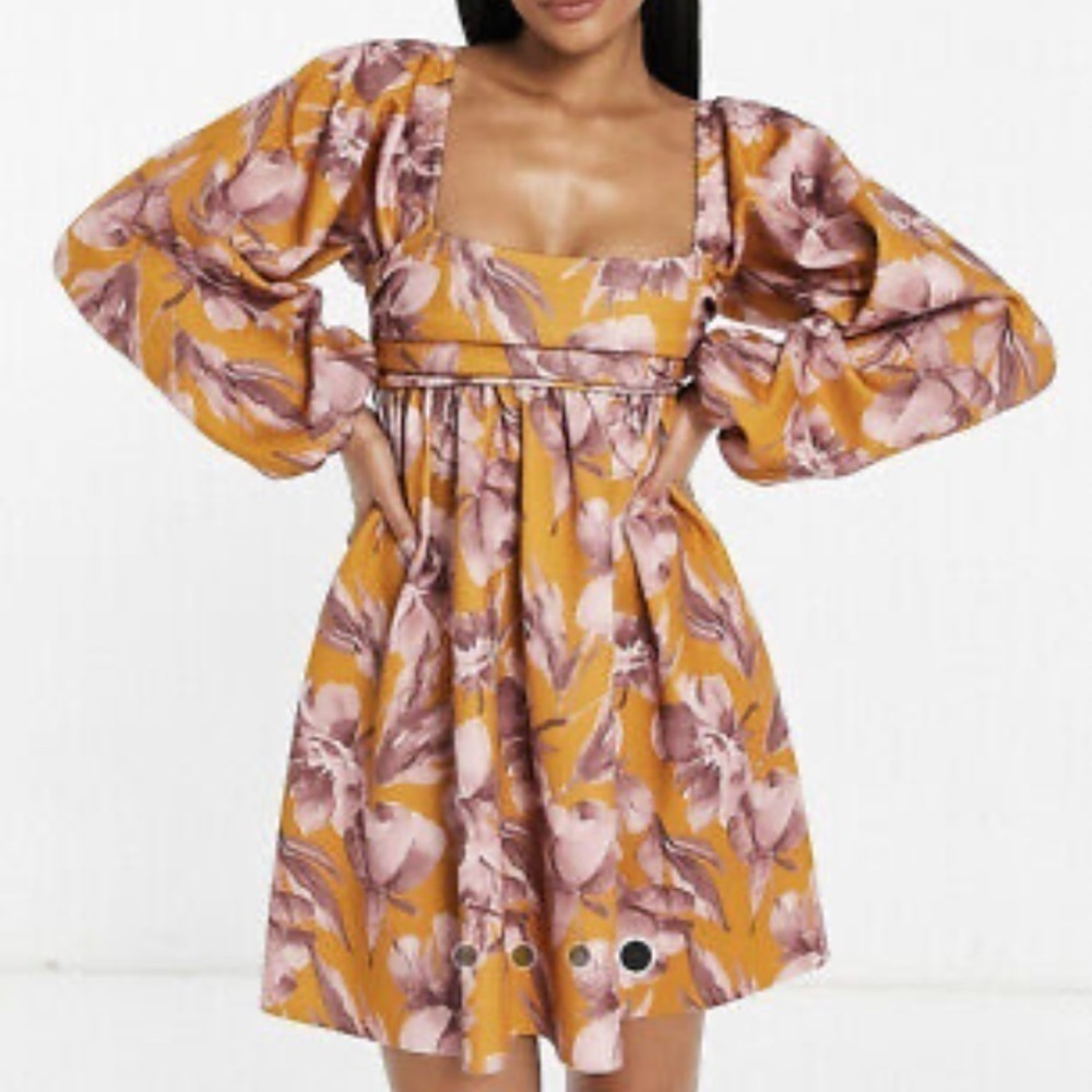 ASOS Design Watercolor Floral Print Square Neck Smock Mini Dress